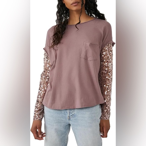 Free People | Celine Tee Sequin Embellished Long Sleeve in Lavender Size XL - Picture 5 of 16
